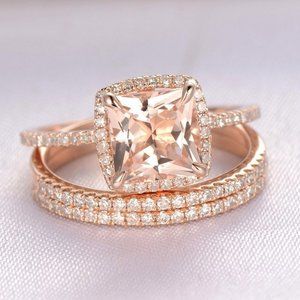 *NEW 18K Rose Gold Cushion Morganite 3PC Ring Set
